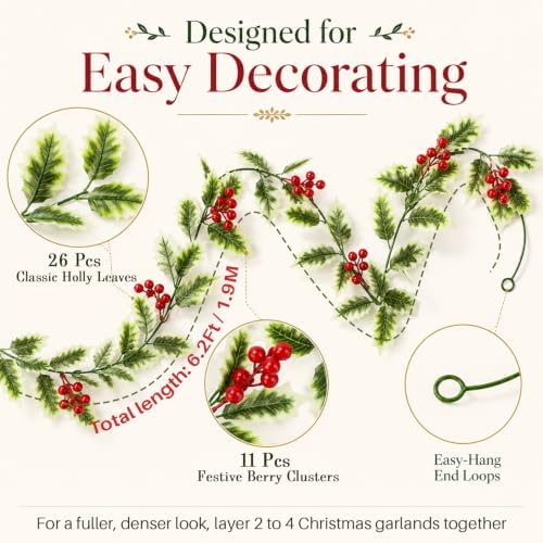 RAINFLOW Christmas Garland with Holly Berry Vine - Artificial Xmas Greenery