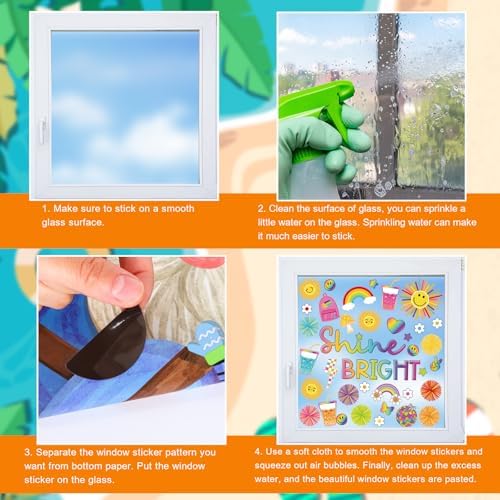 Whaline 9 Sheets Summer Cartoon Sun Window Cling Stickers Boho Sun Sunshine Window Decals Shine Bright Reusable Decoration for Back to School Party Home Classroom