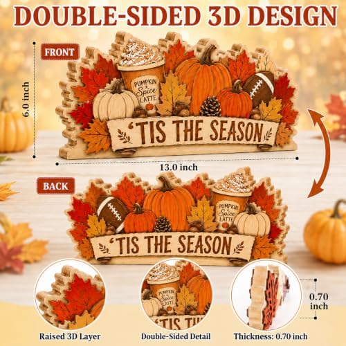 Fall Pumpkin Decor Wooden Sign, Tis the Season Football Tabletop Decor