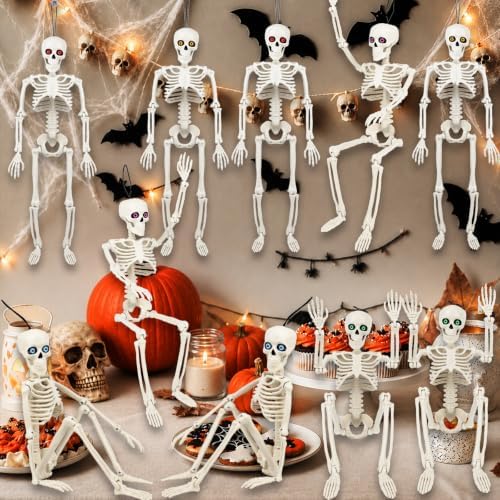 10 Pack Halloween Skeleton Decor 16" with Eyes & Box (White)