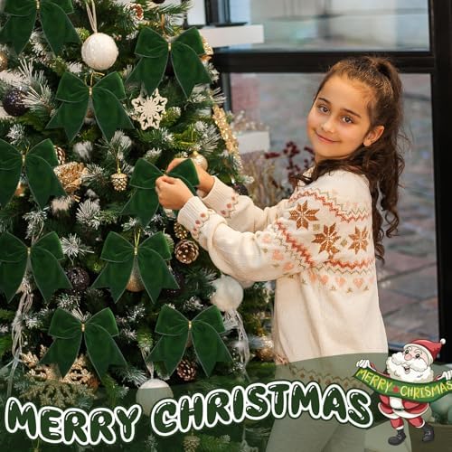 Janinka 12 Pcs 6 Inch Christmas Velvet Bows for Wreath Decoration, Green