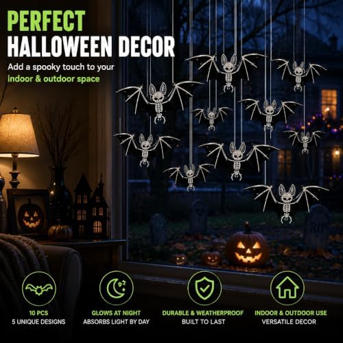 10PCS Glow-in-the-Dark Hanging Bats for Halloween