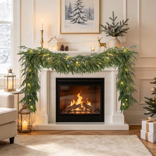 2Pcs 9FT Soft Touch Artificial Norfolk Pine Christmas Garland with Lights
