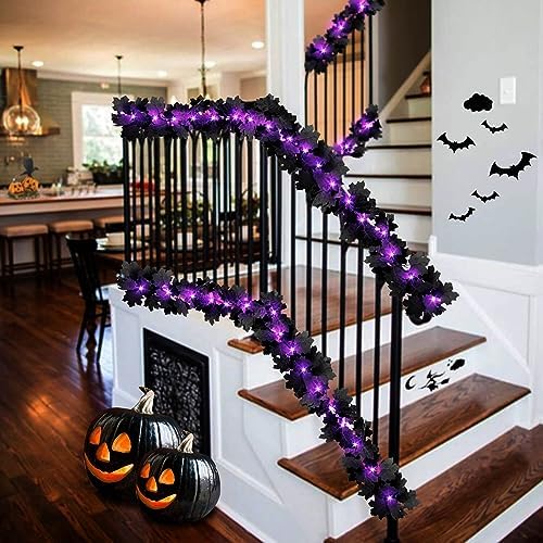 Halloween Black Leaf Garland with Purple Lights, 2 Pack