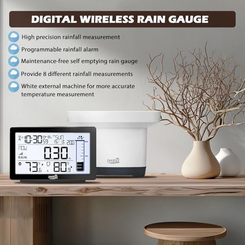 Wireless Rain Gauge Outdoor with Thermometer, High Accurate Digital Rain Gauges Outdoors Best Rated, Electronic Self-Emptying Remote Rain Collector, Freeze Proof Automatic Rain Measure Gauge for Yard
