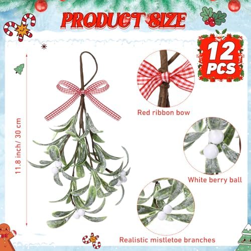 XunYee 12 Pcs Christmas Mistletoe Hanging Picks with Bow, White Berries