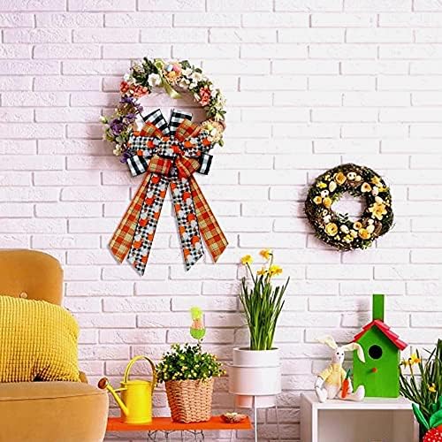 Large Fall Bows for Wreath, Thanksgiving Pumpkins Wreath Bow Orange Buffalo Plaid Burlap Bows Autumn Tree Topper Bow for Front Door Thanksgiving Party Decoration Supplies