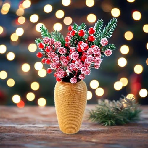 RONYOUNG 32PCS 9" Artificial Holly Berry Stems Christmas Berry Picks Sprays Snowy Fake Red Berries for Christmas Tree Branches Fillers Ornaments Valentine DIY Crafts Wedding Home Party Winter Decor
