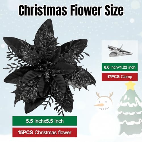 Childom 15 PCS Black Artificial Poinsettia Flowers with Clips,Christmas Decorations Glitter Poinsettia Christmas Ornaments Xmas Tree Flower with Stems DIY Xmas Wreath Home Holiday Party Supplies