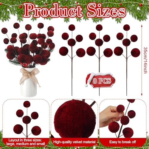 Suncalla 8 Pcs Burgundy Velvet Christmas Tree Picks 14 Inch