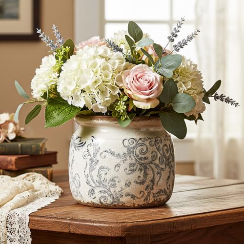 5.9'' Vintage Ceramic Planter, Ice Crack Glaze Gray Scroll Pot