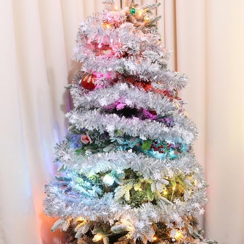 FOIMAS 33 Feet Christmas Tinsel Garland, Metallic Silver Christmas Snowflake Hanging Garland for Xmas Tree Fireplace Home Decoration (Silver)