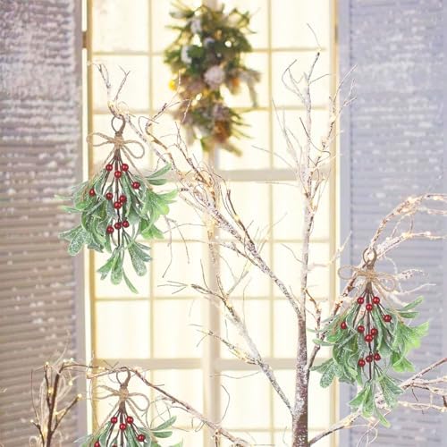 4 Pcs Artificial Mistletoe Picks - Flocked Red & White Berries with Glitter Leaves & Rope Bow, Christmas Hanging Kissing Plant Ornaments for Tree Door Party Decorations