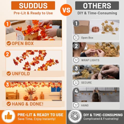 suddus 20 LED Fall Leaves Garland with Lights Battery Operated Timer Orange