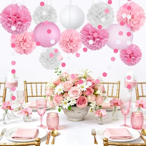 14 Pcs Pink Party Decorations, Paper Pom Poms Lanterns Garland, 8/10 Inch