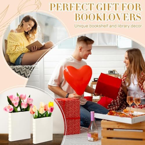 Vesici 2 Pcs Ceramic Book Shape Vase for Flowers Gifts for Bookshelf,White