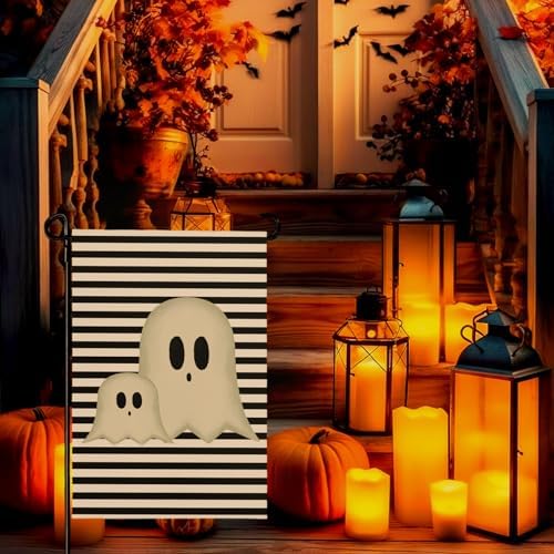 Halloween Garden Flags 12x18 Inch Ghost Black and White Stripes Small Flags for Outside Holiday Scary Yard Flag for Lawn Outdoor Decorations Sign