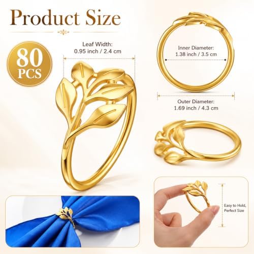 80 Pcs Gold Leaf Napkin Rings Metal Napkin Ring Holder Buckles
