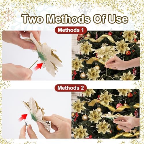 Cliselda 30Pcs 5.9“ Gold Poinsettias Artificial Christmas Flowers W/Clips