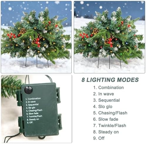 2 Pack Christmas Tree Urn Filler, Lighted Artificial Xmas Pine Trees with Tripod Stake, Light Up 8 Modes & Timer, Battery Powered Outdoor Planter Filler Festival Holiday Home Decor