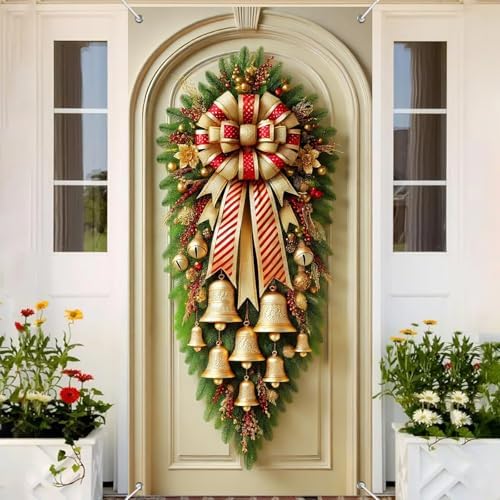 BlissYard Christmas Bells Wreath Door Cover 35x71 Inch Elegant Holiday Doors Banner Festive Gold Bells Door Decorations Polyester Fabric Doors Mural Wall Hanging Traditional Xmas Decor