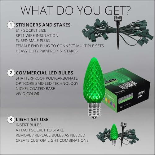 Wintergreen Lighting 25’ OptiCore LED Green Pathway Christmas Lights, C9 Outdoor Christmas Lights, 4.5” Stakes, Green Wire Plug String Lights
