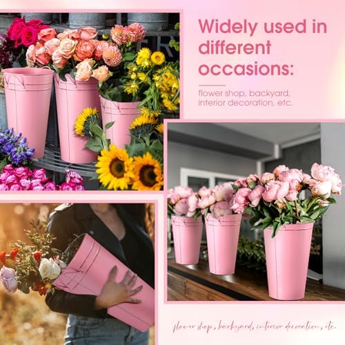 Irenare 12 Inch Vintage Galvanized Flower Bucket Metal Flower Vase Farmhouse French Bucket Planter Metal Floral Container for Party Table Centerpiece Weddings Home(Pink,6 Pcs)