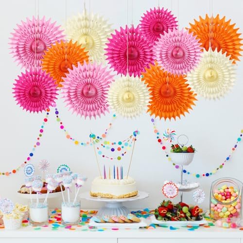 12PCS Paper Fans Hot Pink and Orange Party Decorations Tissue Paper Flowers Decorations for Girl Groovy Birthday Baby Shower Wedding Bachelorette Room Wall Hanging Décor