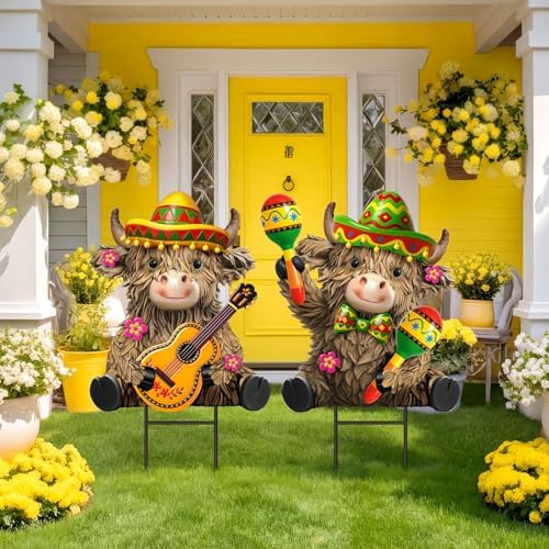 Amyhill 2 Pcs Cinco De Mayo Highland Cow Garden Stakes, Mexican Fiesta Metal Outdoor Decor, Western Cowboy Welcome Yard Signs for Patio, Lawn, Walkway, Garden, Cinco De Mayo Party Decorations