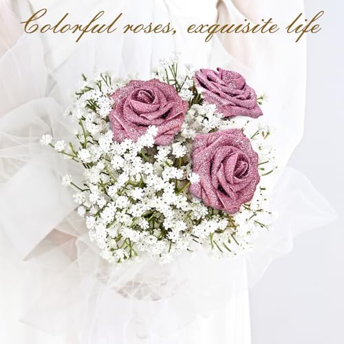 BLEUM CADE 36Pcs Artificial Flowers Glitter Roses with Stems for Wedding
