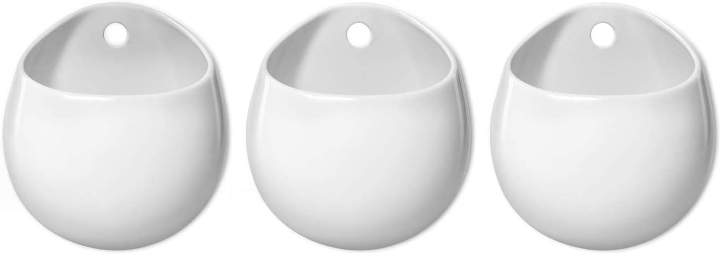 Mkono Ceramic Wall Planter for Indoor Plants 4 Inch Hanging Pot, Set of 3 | Succulents Air Plant Holder, White Round