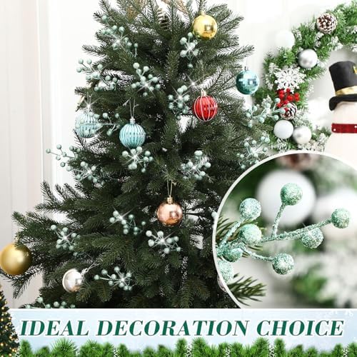 Geosar 30 Pieces Artificial Christmas Berry Picks with Snowflake Glitter Holly Berry Stems for Christmas Tree Ornaments Vases DIY Crafts Wedding Party Holiday Decor(Turquoise)
