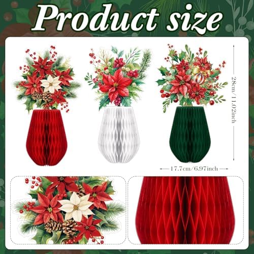 AmazingSpark 9 Pcs Christmas Poinsettia Flower Table Centerpiece Christmas Paper Poinsettia Honeycomb Decoration Holiday Red Flower Honeycomb Centerpiece for Birthday Party Ornaments
