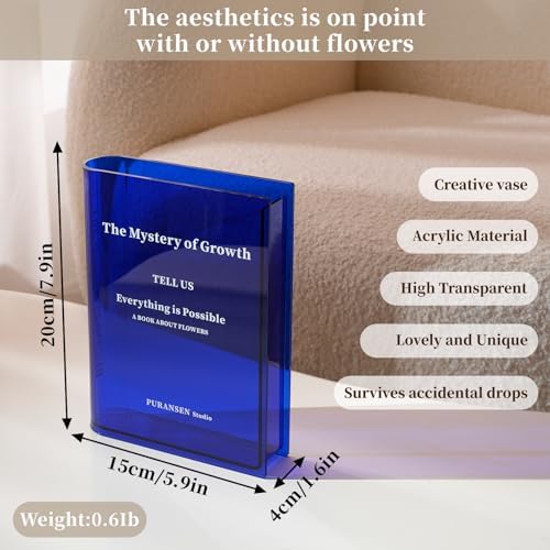 Puransen Clear Book-Shaped Vase for Centerpiece Home Indoor Desk Decor，Blue