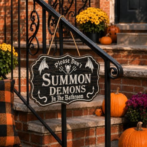 Halloween Bathroom Sign, Wooden Please Don't Summon Demons Goth Door Decor