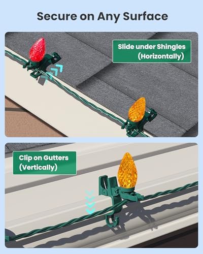SURAIELEC 100 Pack Gutter Light Clips, C7 C9 Christmas Clips Outdoor, Green