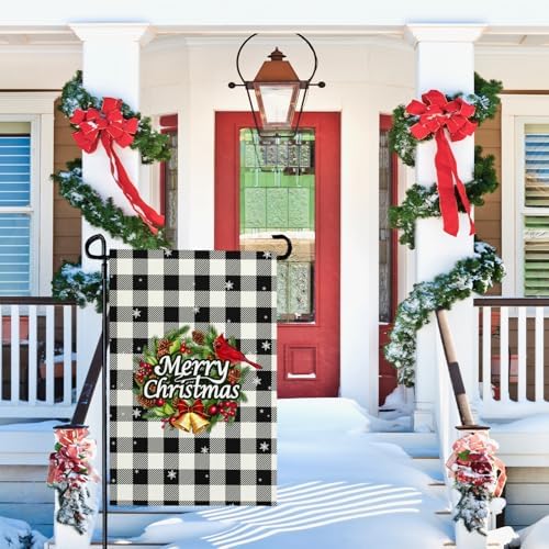 Xmas Garden Flag 12x18 Inch Black White Buffalo Plaid Small Flags for Outside Winter Holiday Welcome Garden Flags Double Sided Christmas Decor for Outdoor Garden Yard
