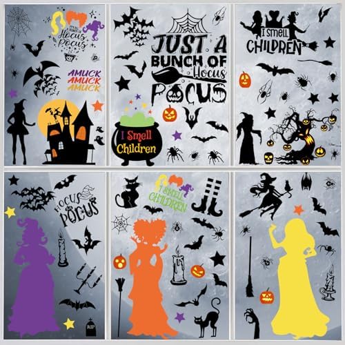 92Pcs Halloween Window Clings - Hocus Pocus Window Clings,I Smell Children Witch Clings for Glass Windows,Reusable Double Sided Static Window Stickers for Halloween Decorations(9 Sheets)