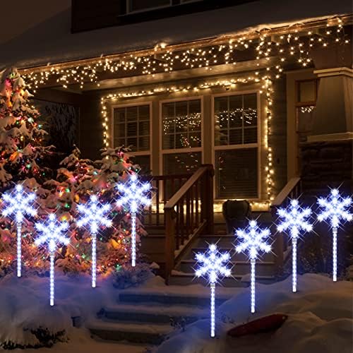 Ultra-Bright Shooting 17" 568 LED Snowflake Lawn Stake Light 4 Stakes Total Christmas Outdoor Decoration with UL Standard Adaptor for Outdoor Pathway Lawn Holiday Party Home(White and Blue)