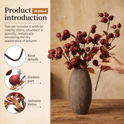 Wavwavw 6 Pcs Artificial Fall Rose Hip Stem 21" Faux Dried Berry Branch