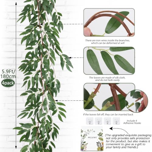 RECUTMS 4Pcs Artificial Silk Willow Leaves Vine Twigs 5.9Ft Green Garland