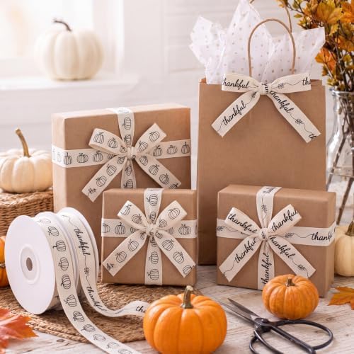 Wavwavw 20 Yards Thanksgiving Pumpkin Cotton Ribbon, 5/8 Inch, 2 Rolls