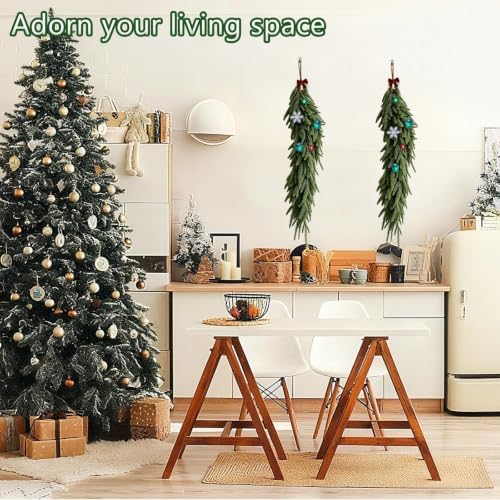 2pcs Artificial Christmas Swag 29.5" Faux Norfolk Pine Needles Cedar Teardrop Hanging Plants Wreath Fake Ivy Leaves Decoration Fern Vine Xmas Holiday Mantle Fireplace Winter Decor