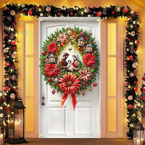 BlissYard Christmas Door Cover Nativity Scene Christmas Wreath Door Hanging Banner Holy Religious Backdrop Photography Background Background Porch Winter New Year 71x35 Inch（Banner, Not a Real Wreath）