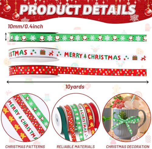 DECYOOL Christmas Ribbon 6 Rolls 60 Yards Holiday Grosgrain Craft Ribbons