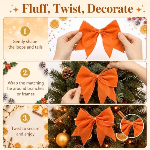 Janinka 12 Pcs 6 Inch Fall Velvet Bows for Wreath Decor, Orange