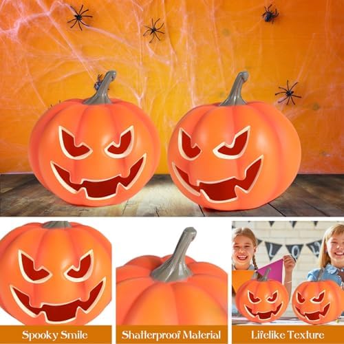 Rocinha 2 Pack Plastic Jack O Lantern Pumpkins Halloween Light up Pumpkin Outdoor Indoor Battery Operated Lighted Pumpkin with Spooky Face Halloween Pumpkins Decorations Party Favor Gifts