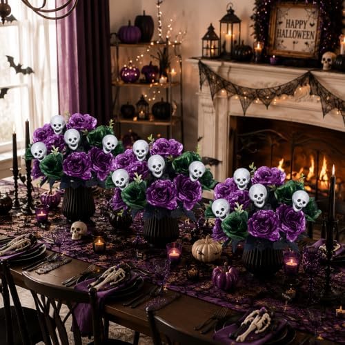 2 Pcs Purple Halloween Flowers Artificial 18in Peony & Rose & Skull Bouquet