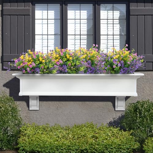 Hananona 48 Pcs Artificial Flowers Outdoor, Faux Artificial Plants UV Resistant Plastic Flower Bulk for Hanging Planter Porch Window Home Spring Summer Decor (48, Fuchsia, Purple, Yellow, Green)