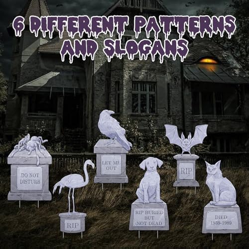 6PCS Halloween Outdoor Graveyard Signs Decorations Halloween Pet Cemetery Tombstones Yard Signs with Stakes Plastic Spider Bat Cat Dog Headstone Lawn Signs for Halloween Haunted House Mansion Supplies